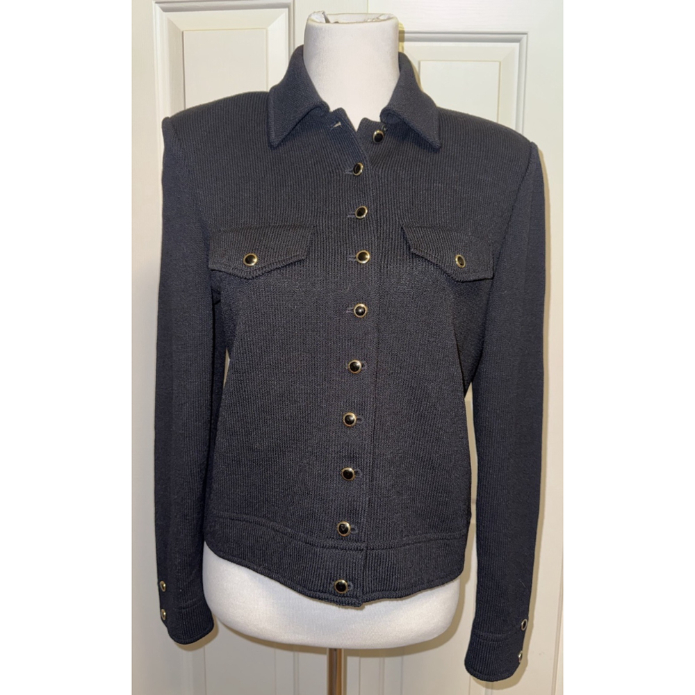 Vintage St John by Marie Gray Knit Blazer Black Gold Button Jacket USA 8 Classic